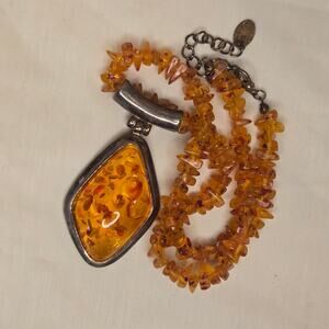 Bold, Chunky Faux Amber & Silver Tone Statement Necklace